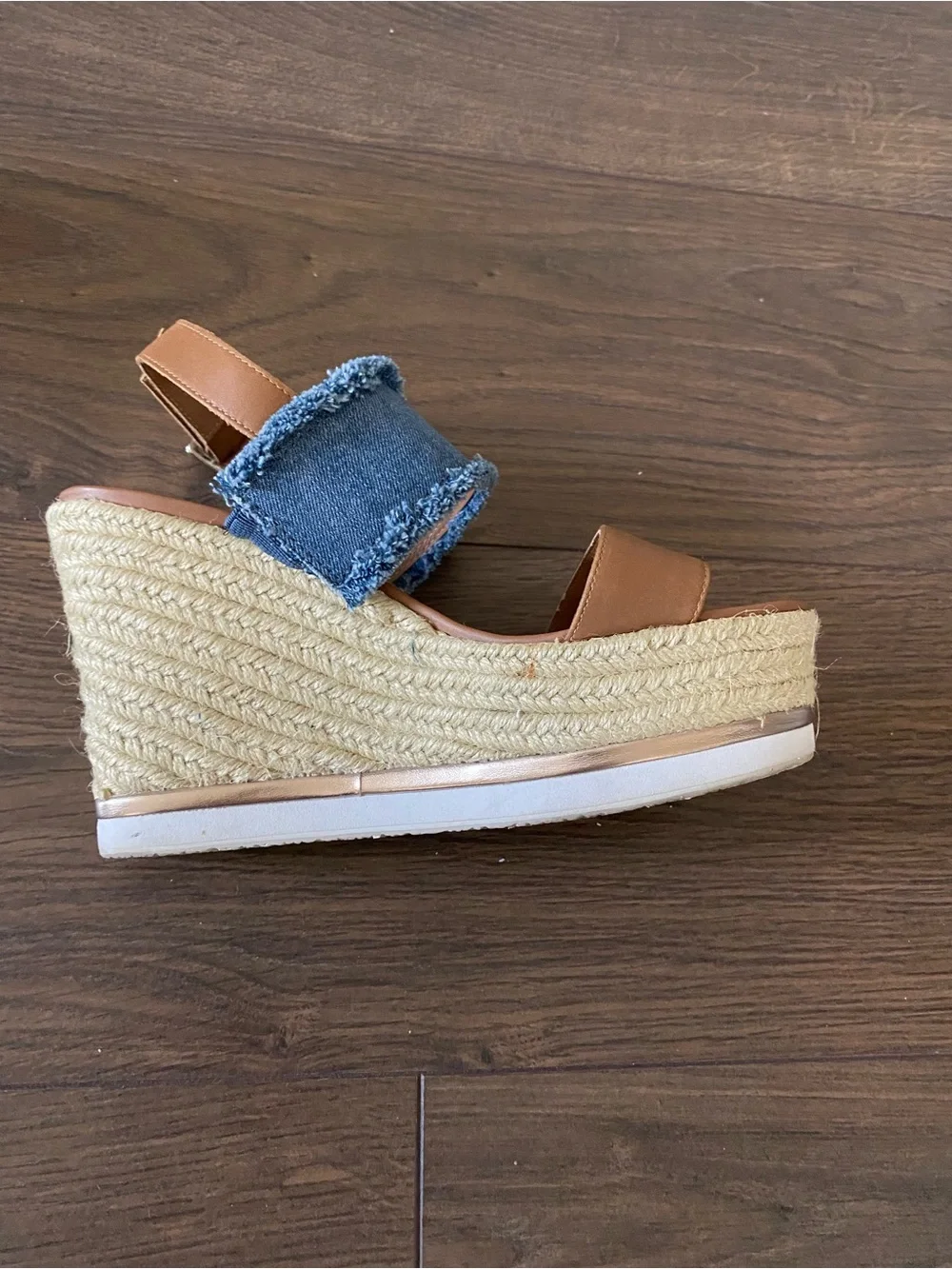 Steve Madden Tan Leather and Blue Denim Espadrille Wedge Sandals